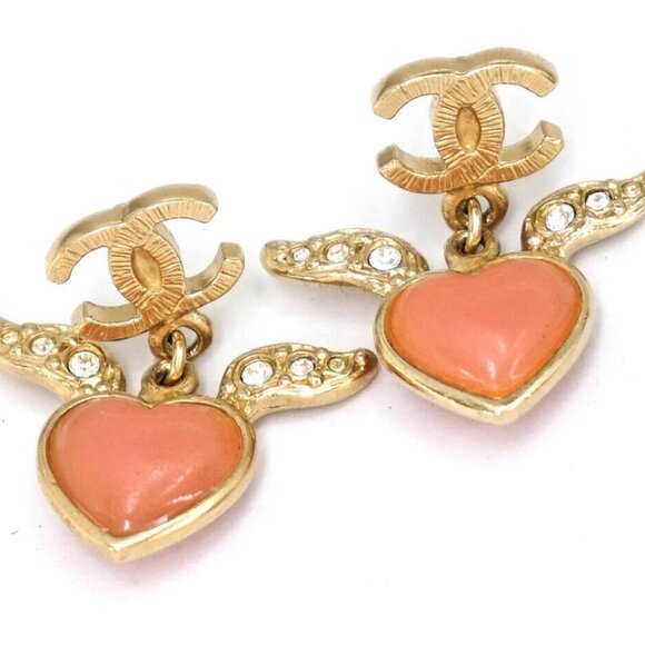 CHANEL CC Logos Pink Heart Rhinestone Dangle Earrings Gold Tone 09C Auth w/Box - Picture 1 of 6